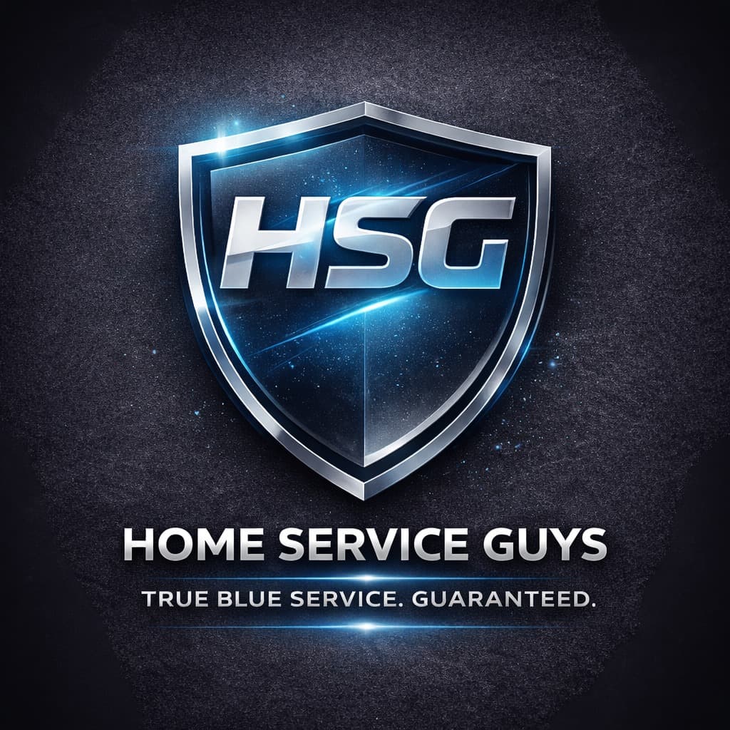 Metallic HSG shield logo with glowing blue light effects above Home Service Guys text.