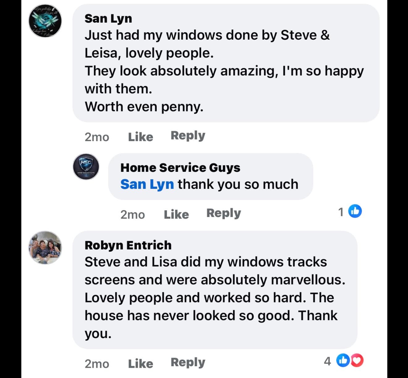 Facebook comments showing positive reviews for Steve and Lisa's window cleaning service from satisfied customers.