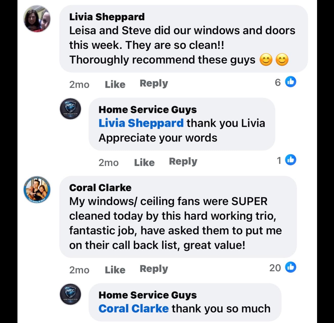 Facebook comments praising Home Service Guys for cleaning windows, doors, and ceiling fans.
