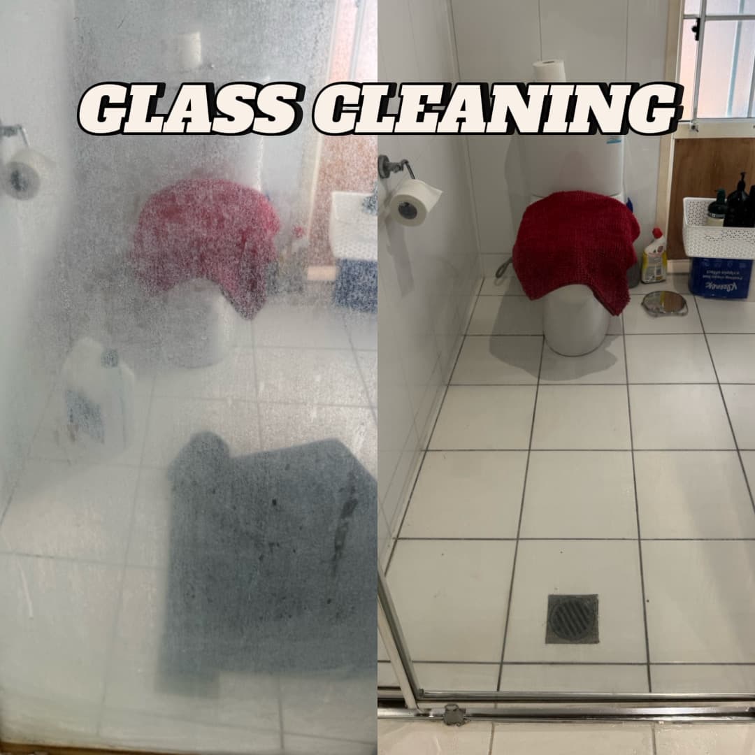 Side-by-side comparison showing a foggy shower glass door transformed into a perfectly clear surface.