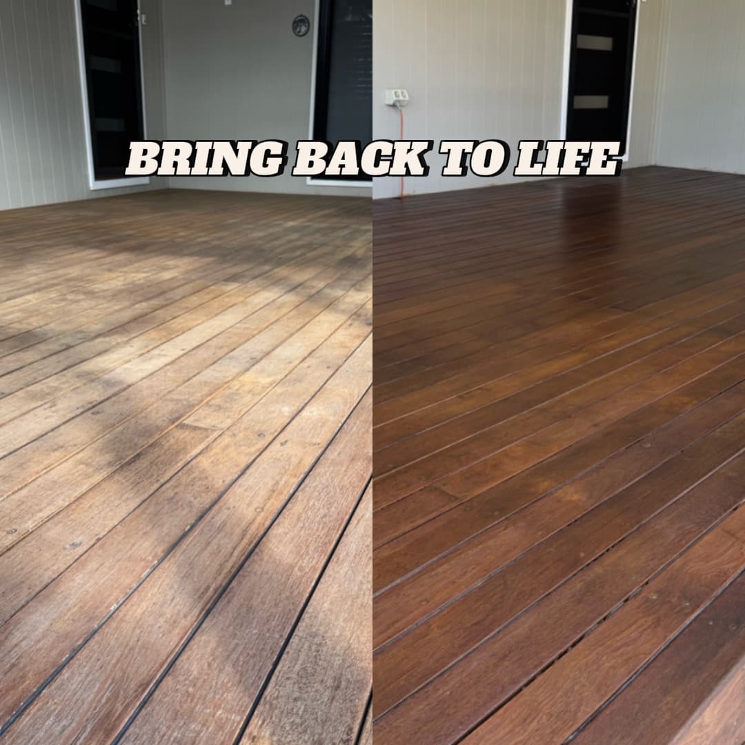 A side-by-side comparison of a weathered wooden deck restored with dark brown stain.