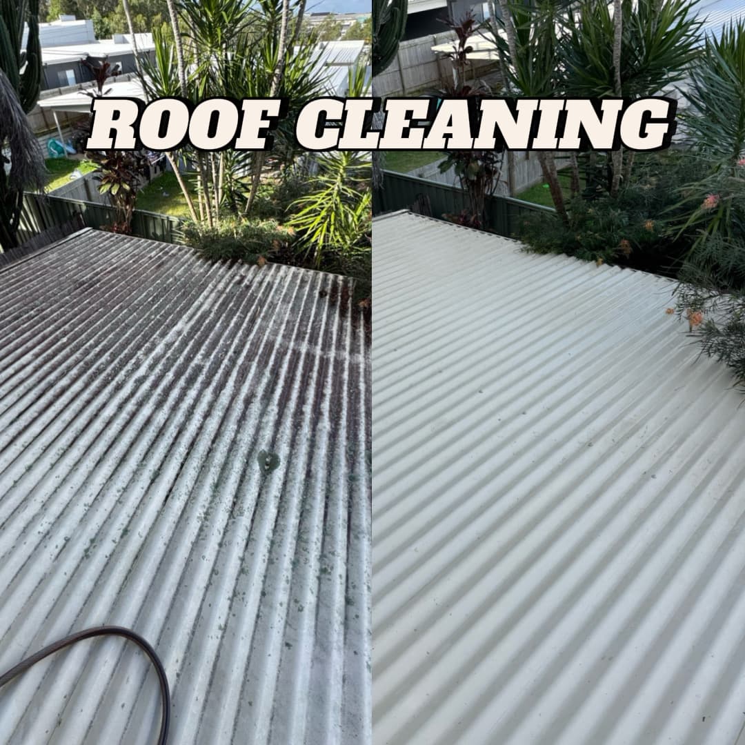 Before and after comparison of a dirty corrugated metal roof restored to bright white.