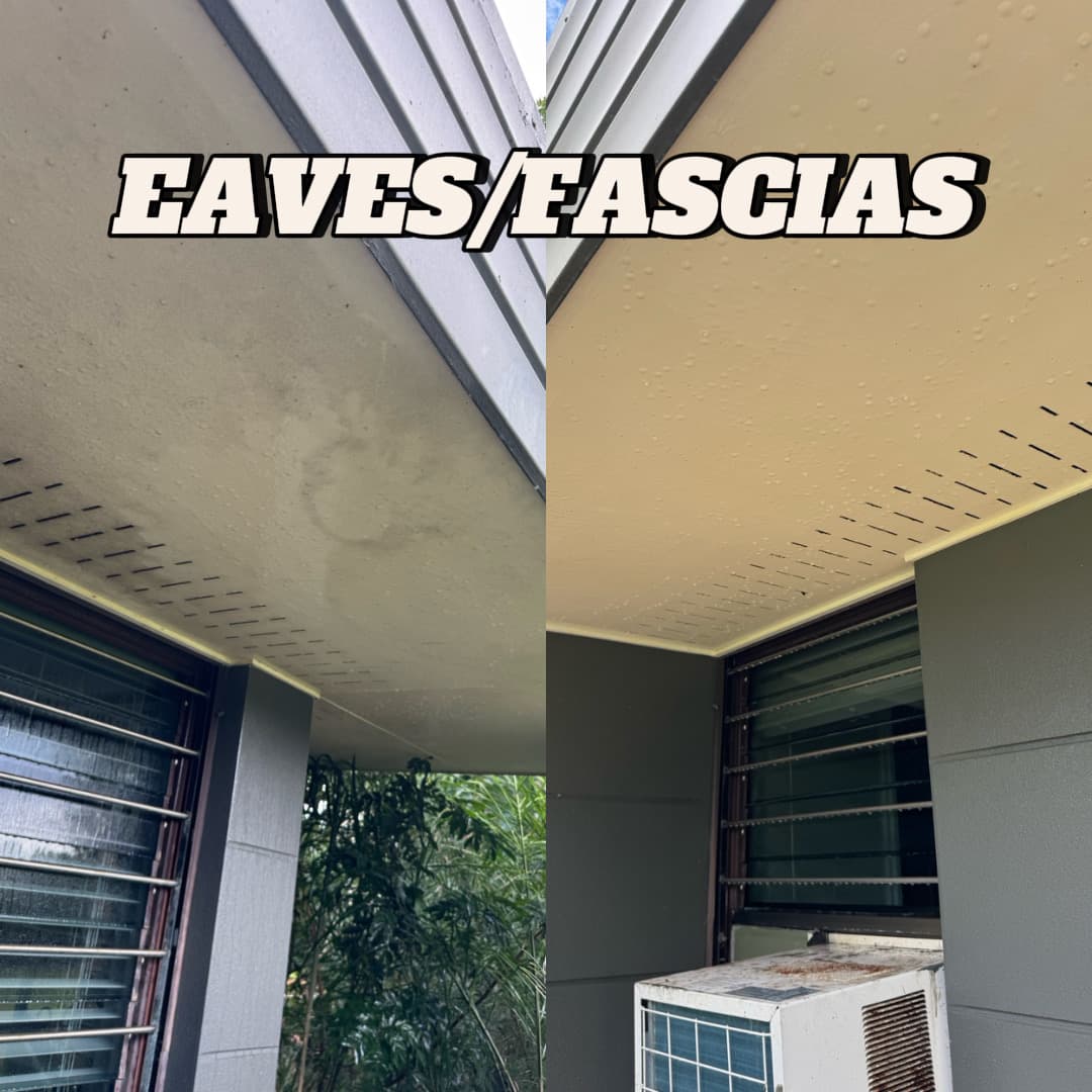 Before and after comparison of dirty house eaves and fascias cleaned and repainted cream.